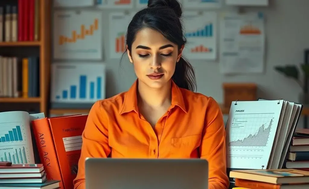 Person with financial books and laptop symbolizing informed decision-making