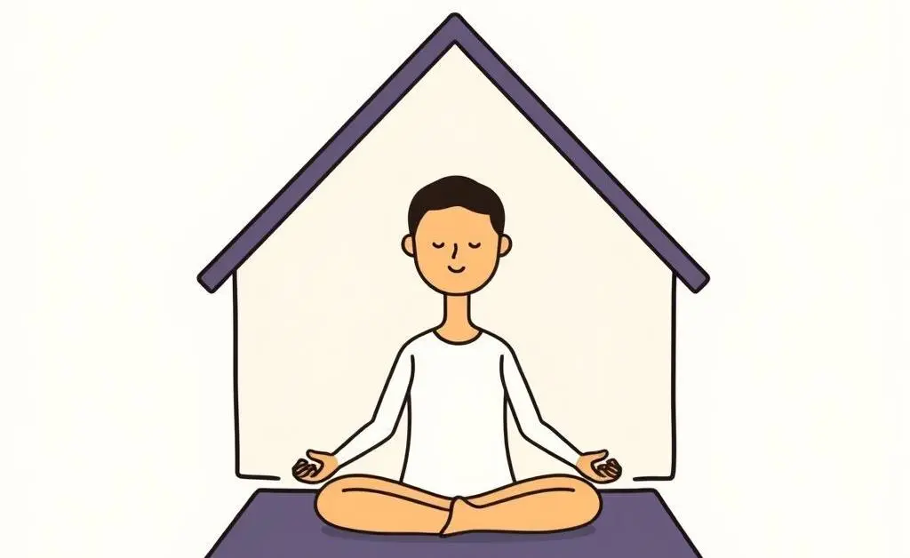 A minimalist cartoon of a person meditating on a house-shaped yoga mat, representing calm and thoughtful decision-making.