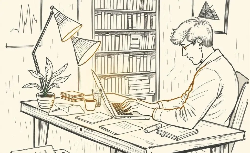 A cozy room with a person studying investment options on a laptop