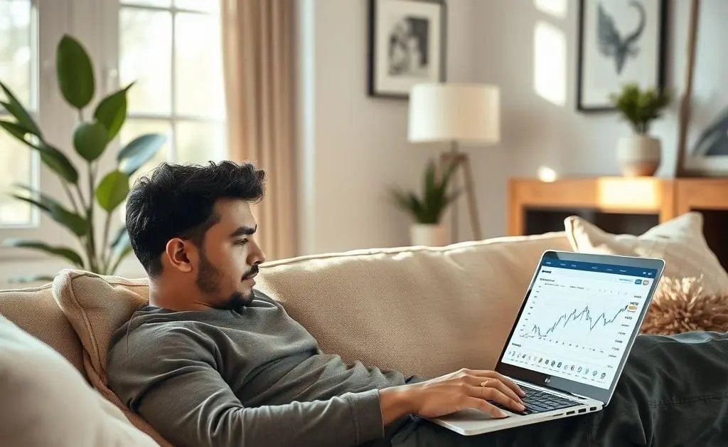 A serene scene of someone relaxed at home while managing their investment portfolio on a laptop.