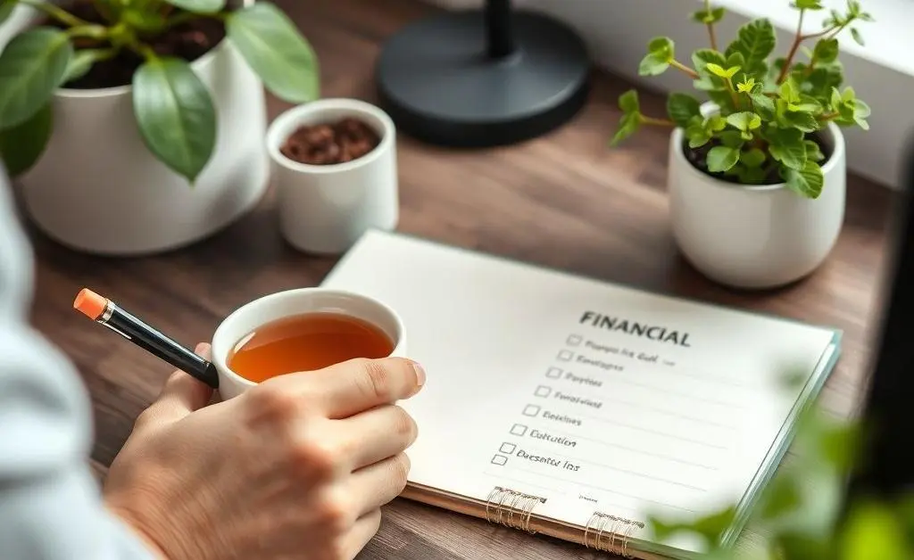 Person planning finances with a cup of tea