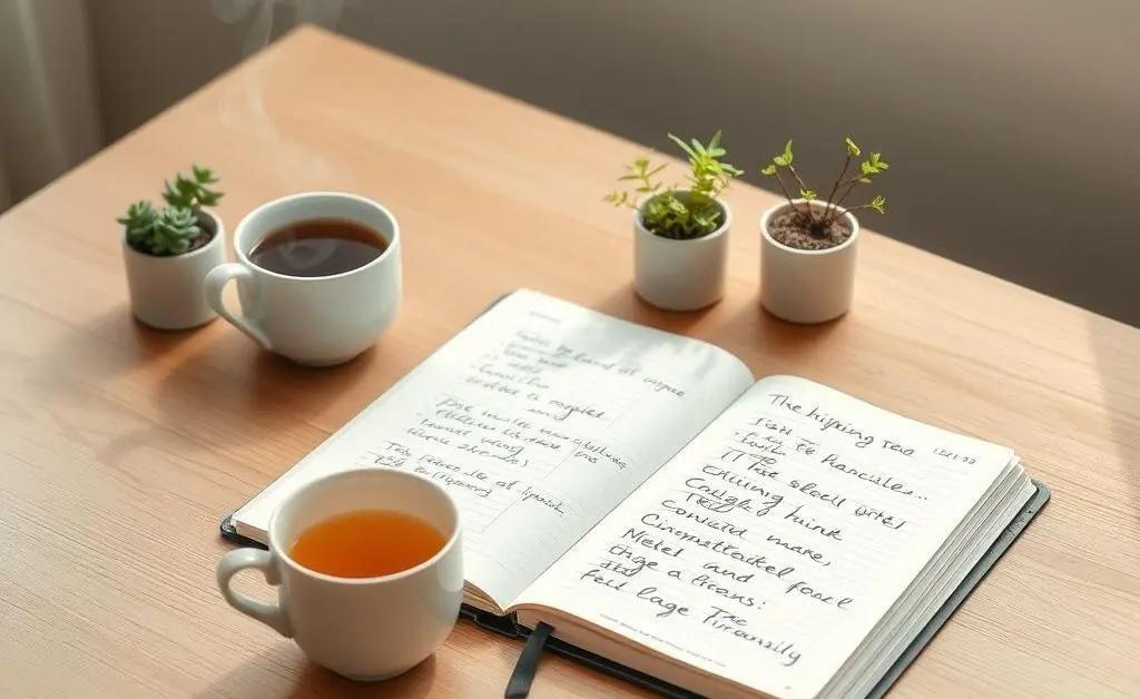 A simple desk setup with a planner, a cup of tea, and calming plants, representing serene financial planning.