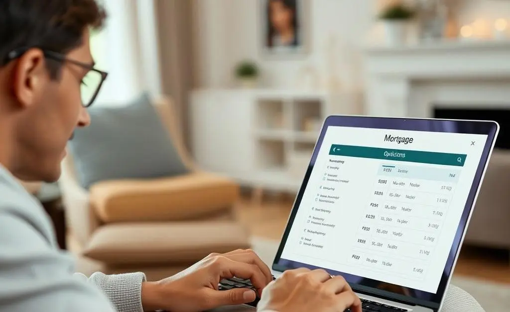 A serene scene with a person reviewing mortgage options on a laptop in a cozy home setting.