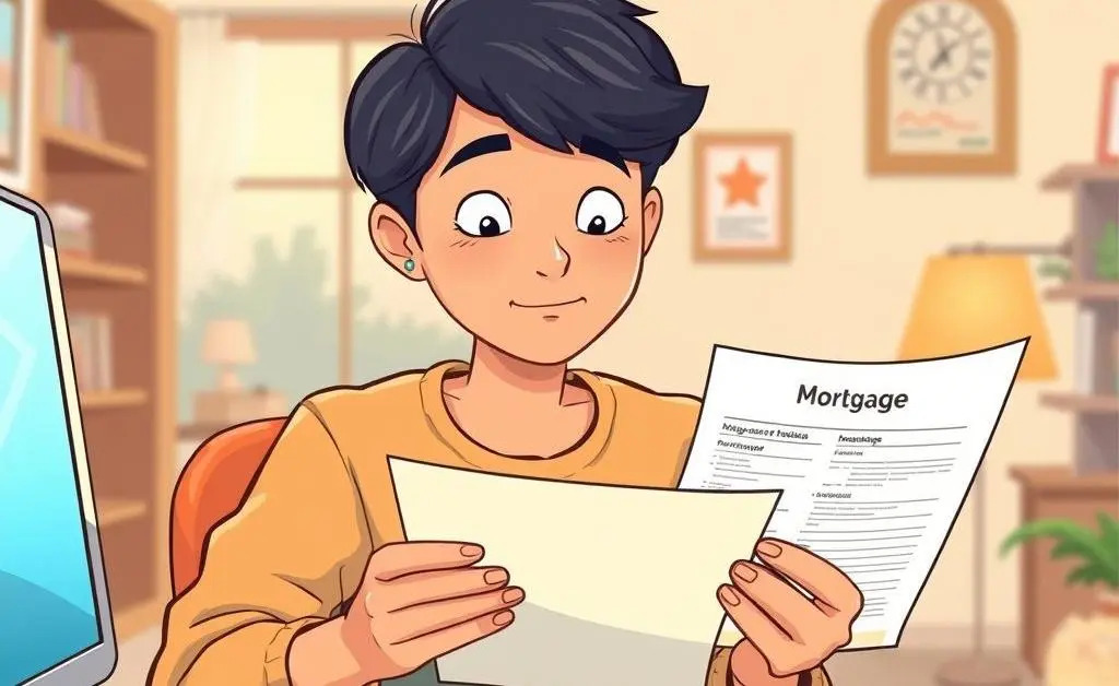 A serene scene of someone calmly planning their financial future with mortgage documents in hand, illustrated like a cartoon.