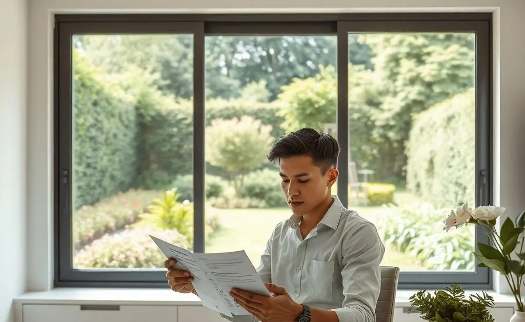 Person reviewing finances with a garden view