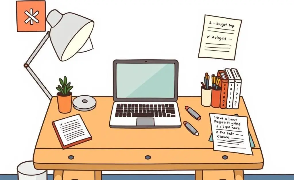 A peaceful desk with budgeting notes and a laptop.