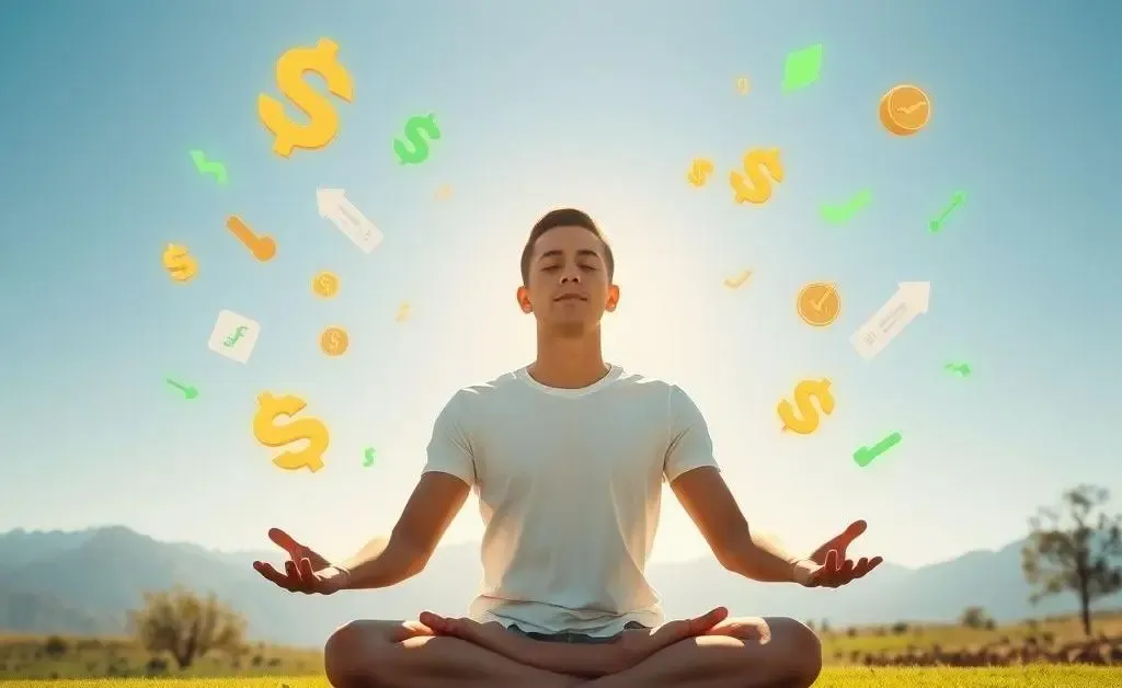 Person meditating while financial data floats around them, symbolizing calm focus and strategy.