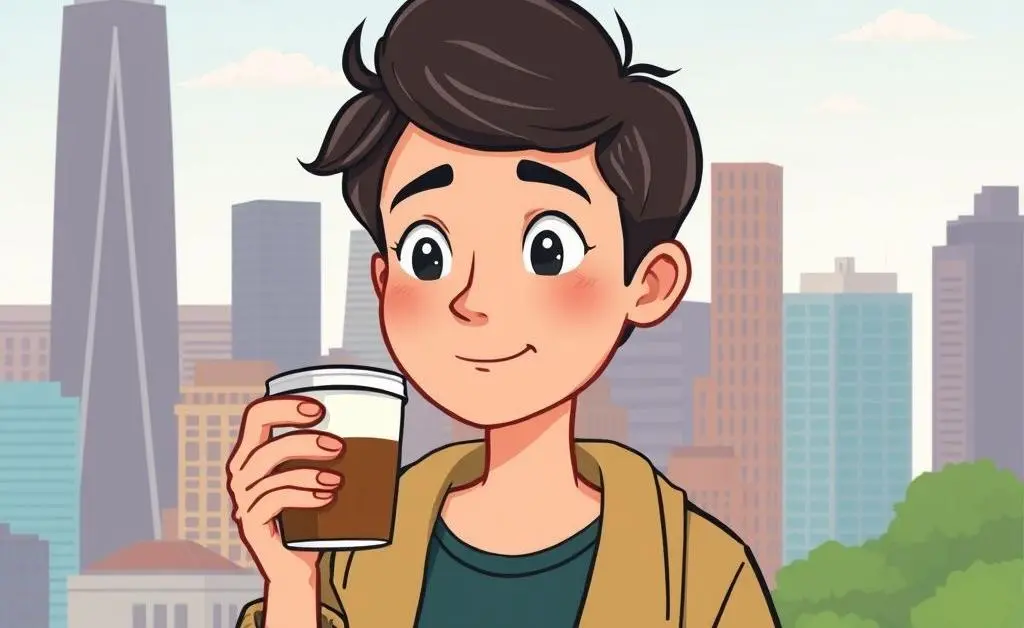 Cartoon image of a calm person with a cup of coffee contemplating a cityscape