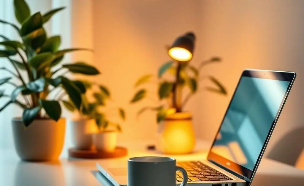 Image of a calm home office setup with a laptop, plants, and a steaming mug