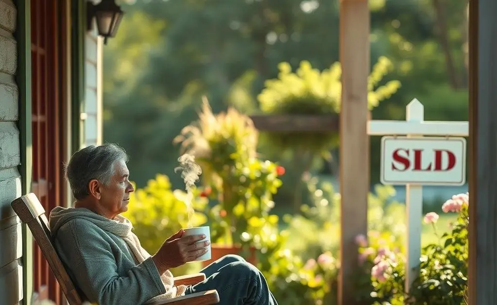 A calm scene of homeownership with a 'Sold' sign and a person relaxing