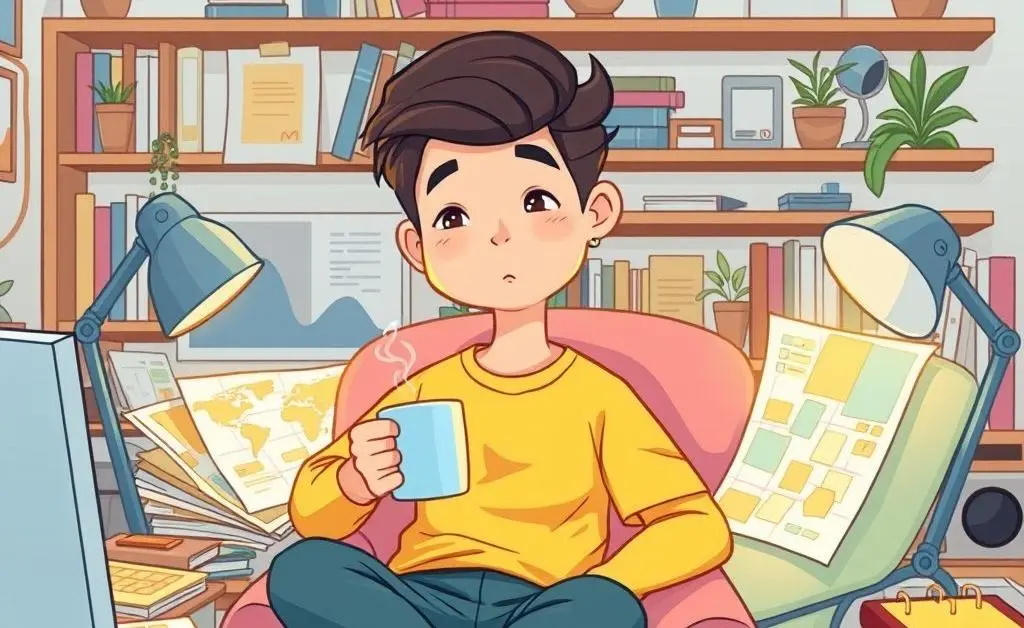 A cartoon of a relaxed person at a desk with a coffee mug and home planning materials
