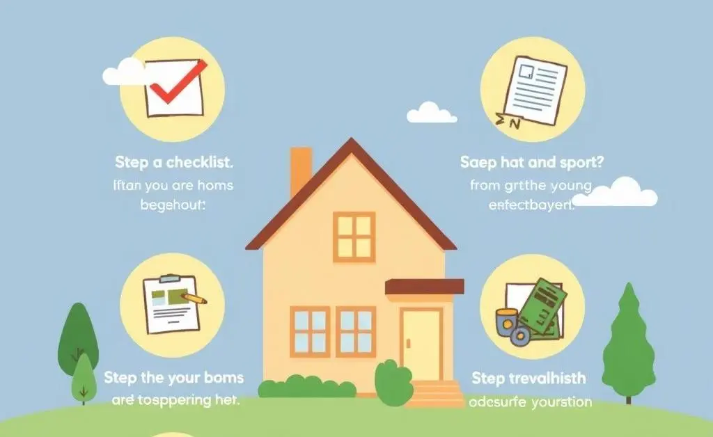 A cartoon-style checklist showing homebuying steps with calming illustrations.