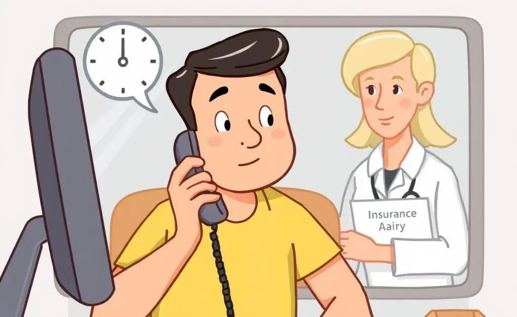 A cartoon scene of a person calmly speaking on the phone with an insurance representative.