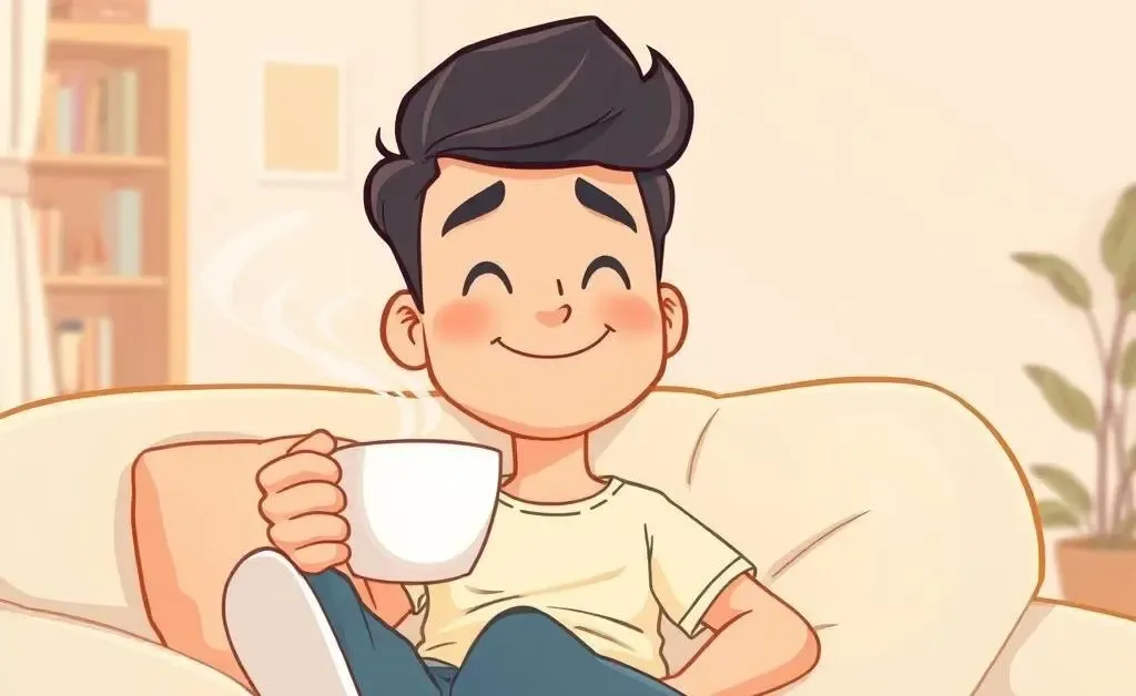 Cartoon of a person relaxing with a cup of coffee after making an insurance decision