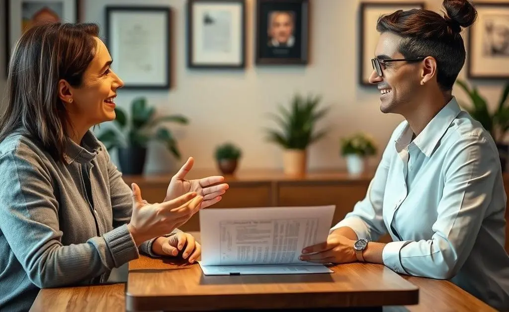 Two people calmly discussing an insurance claim over a table with a friendly atmosphere