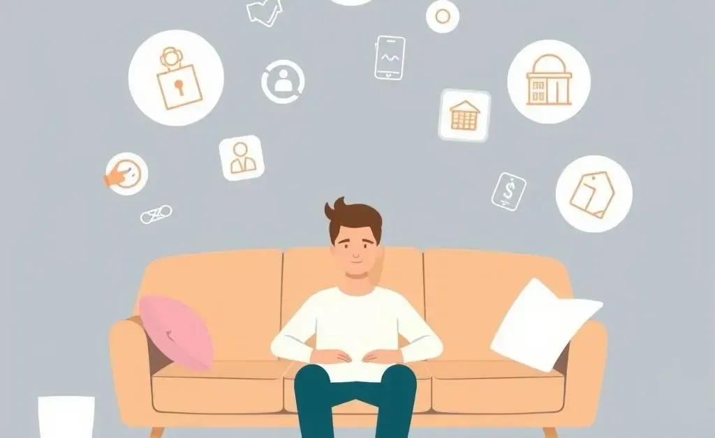 Person sitting relaxed with insurance icons floating around