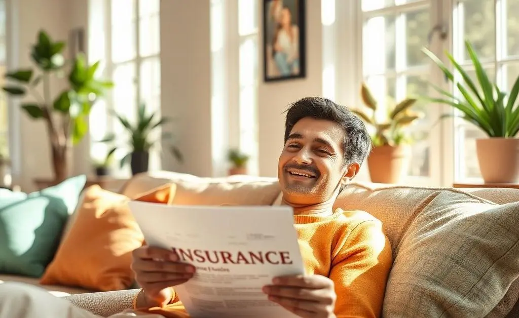 A person with a relaxed expression holding an insurance policy in a sunny living room.