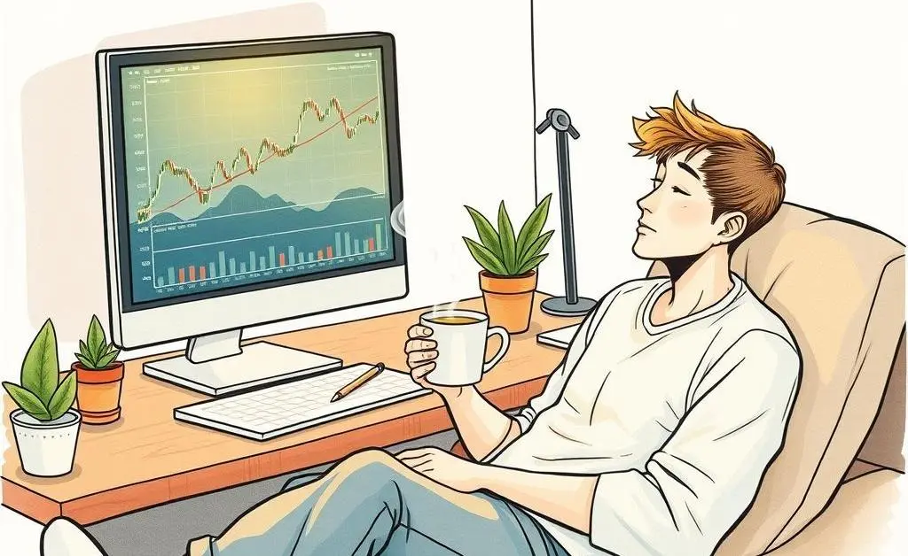 A hand-drawn scene of a person relaxing with a cup of tea, looking at a computer screen with stock charts.