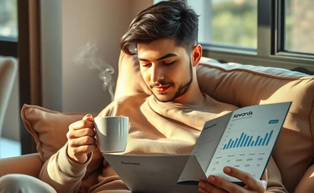 A relaxed setting with a person calmly sipping coffee while reviewing financial rewards