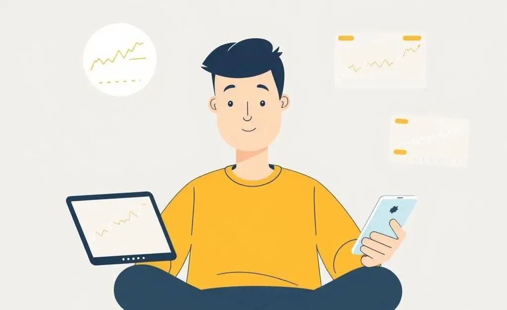A person calmly reviewing stock market trends with tech devices