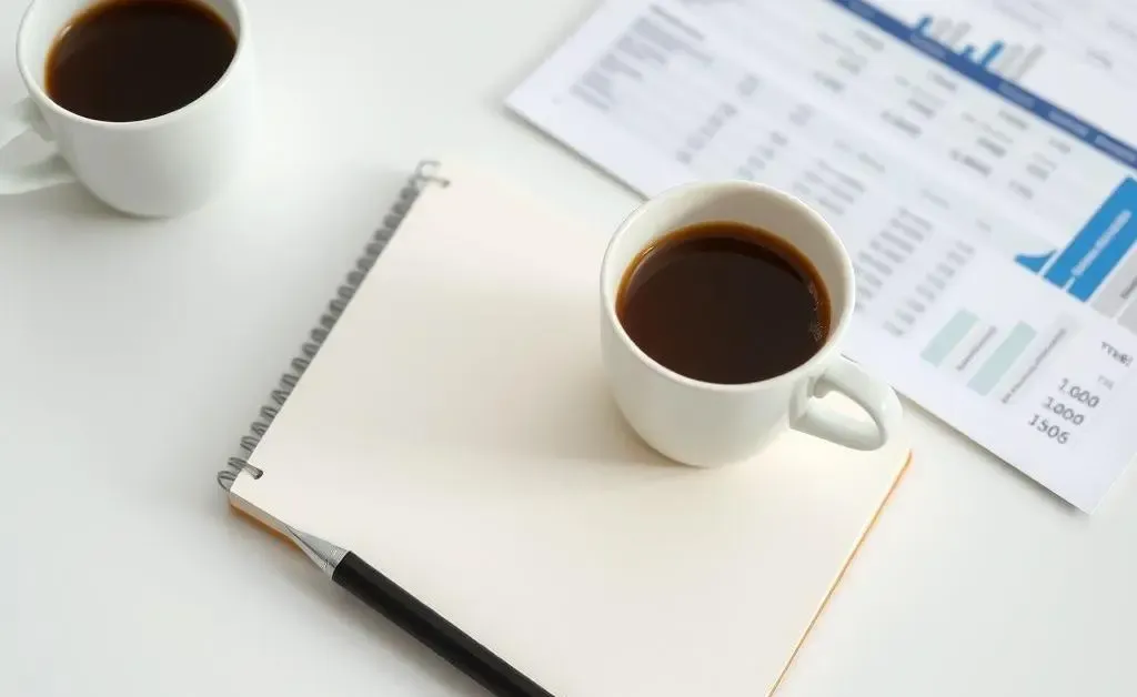 A serene desk setup with a notebook, cup of coffee, and a financial report, symbolizing calm and thoughtful investment planning.
