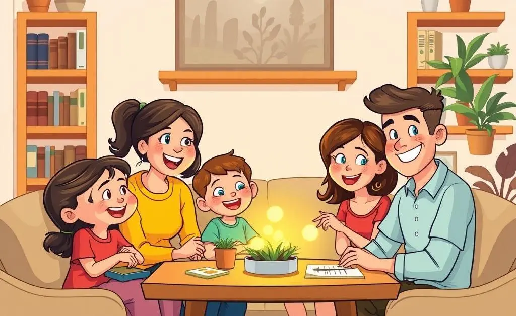 A cartoon-style illustration of a family sitting calmly and discussing investment opportunities
