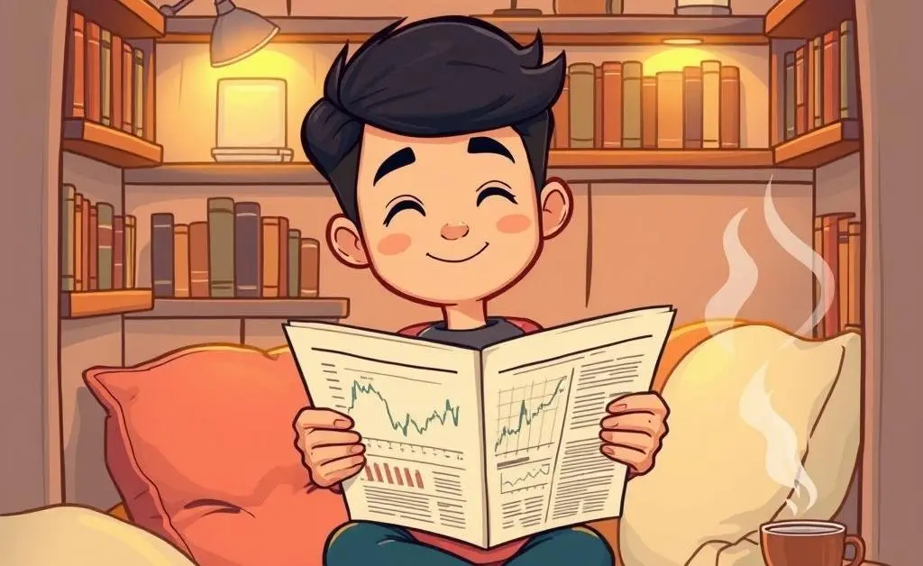 Cartoon-style image of a relaxed person sitting in a cozy corner, reading financial news