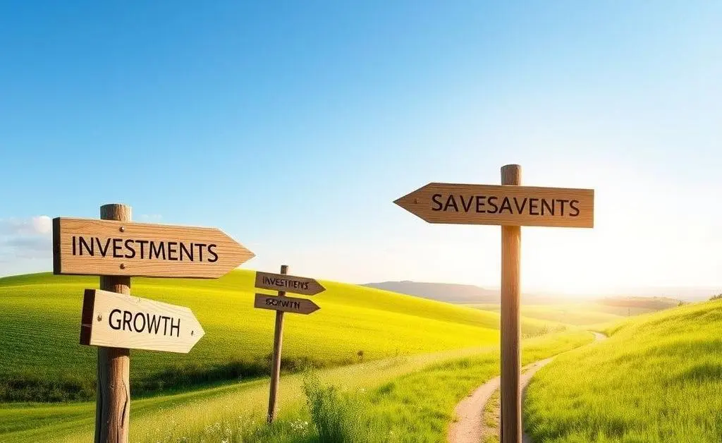 A peaceful landscape illustrating a calm journey with signposts labeled 'Investments', 'Savings', and 'Growth'.