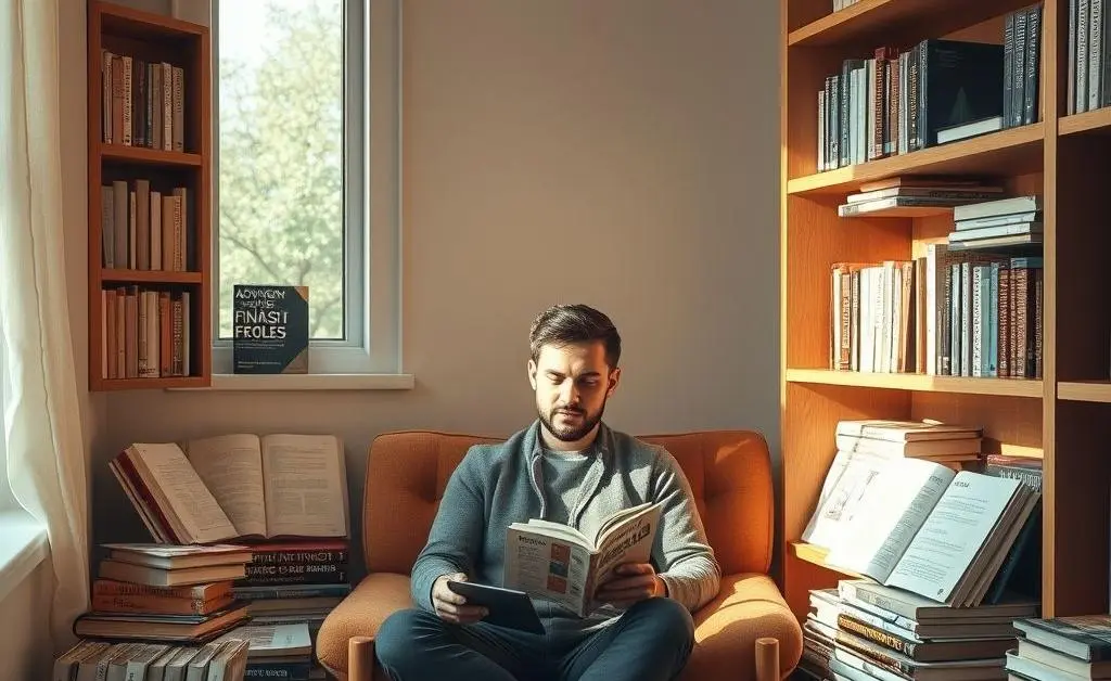 Scene of a person calmly sitting with books on investment strategies by their side.