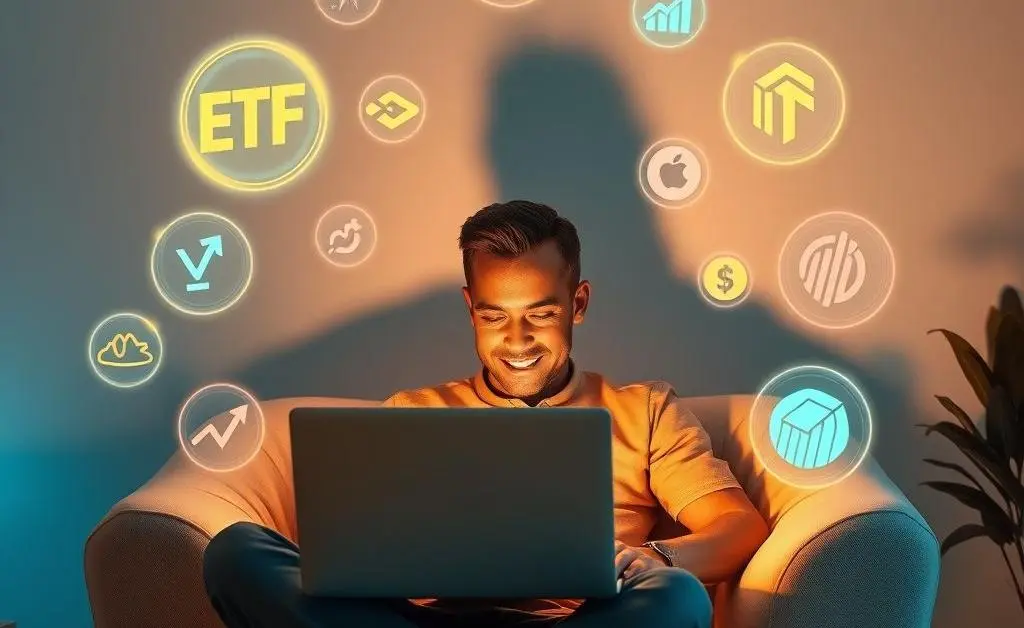 A person sitting comfortably with a laptop, achieving a calm investing mindset, surrounded by ETFs symbols.