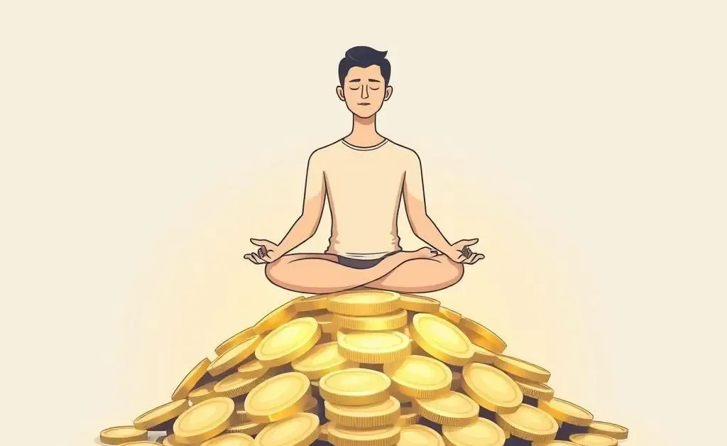 A person meditating on a pile of coins, depicting a calm investing mindset.