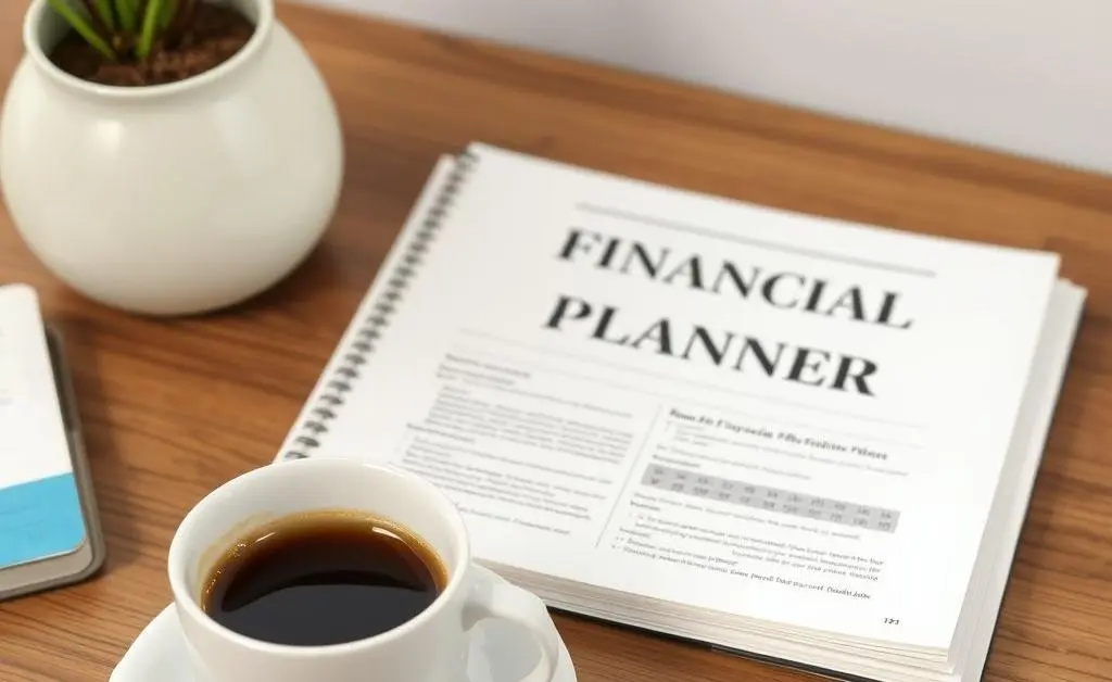 A peaceful setting with a coffee cup and a financial planner open on a wooden desk