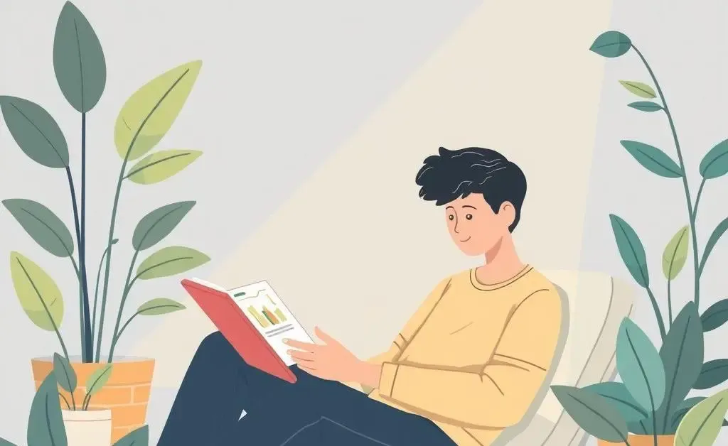 An illustration of a serene scene with a person sitting peacefully, reviewing investments on a tablet, surrounded by plants and soft lighting.