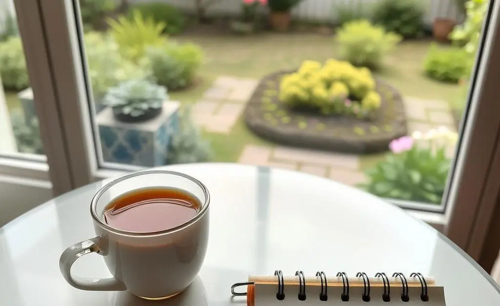 A serene setting with a cup of tea and financial goals.