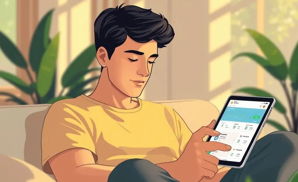 A serene illustration of someone relaxing with a tablet showing an investment app.