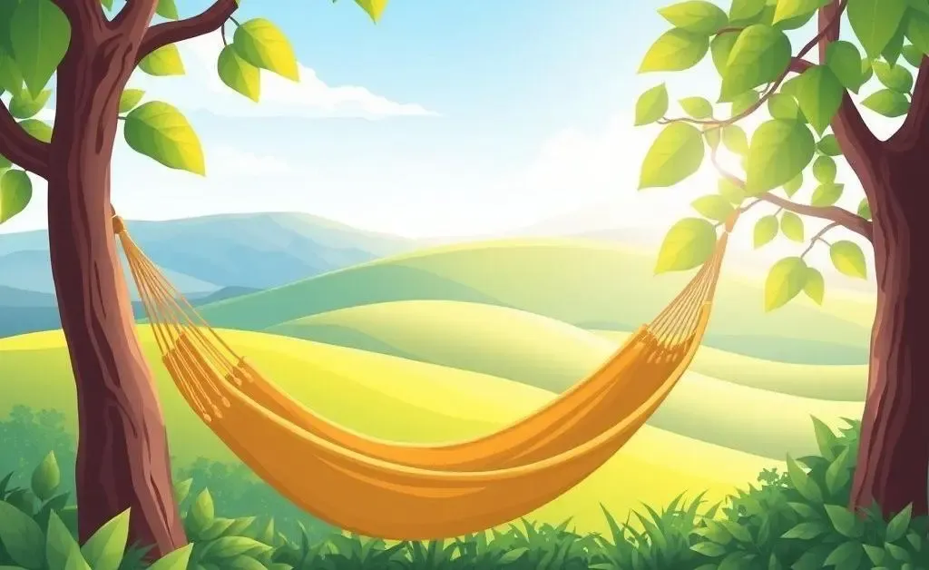 A cartoon-style image depicting a calm investing mood with a hammock and book