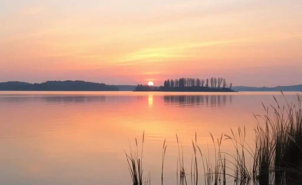 A serene scene by a lake with soft sunset colors.