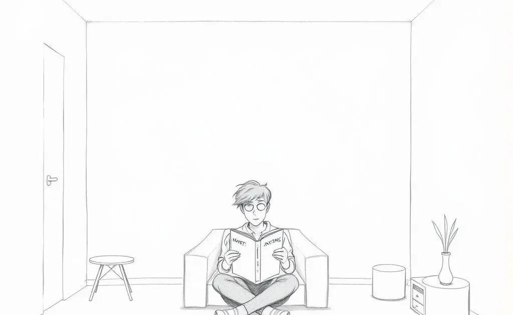 Minimalistic sketch of a serene room with a person reading about investing