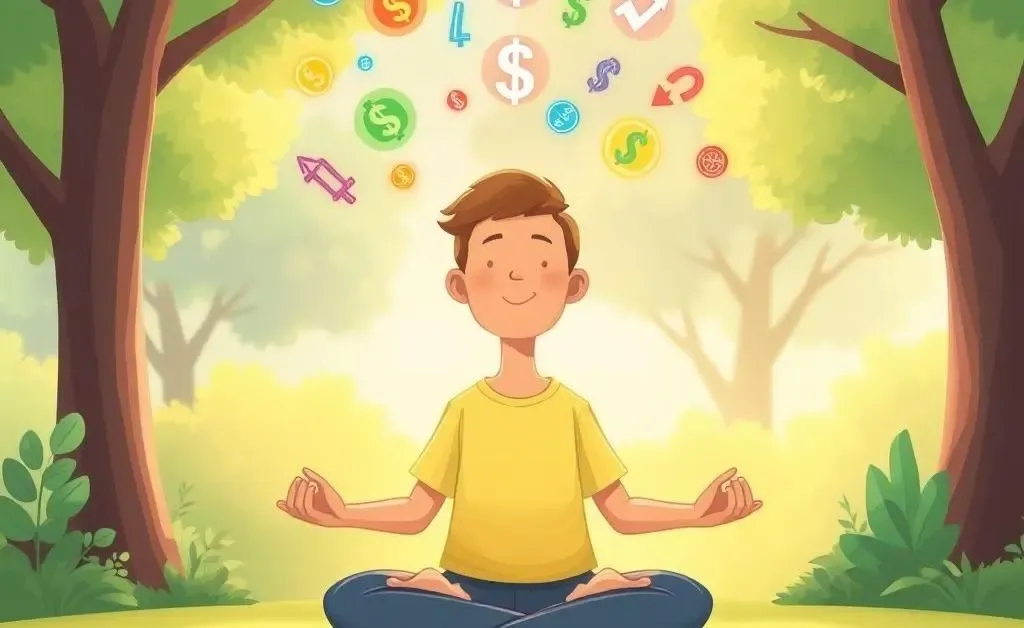 Person meditating with icons of stocks and bonds floating above them.