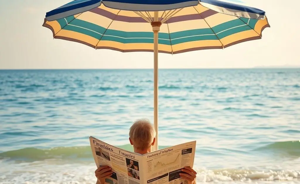 A calm beach scene with someone reading a financial magazine under an umbrella.