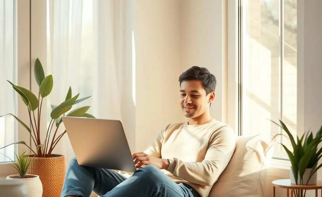 Person sitting relaxed with a laptop, indicating stress-free investing