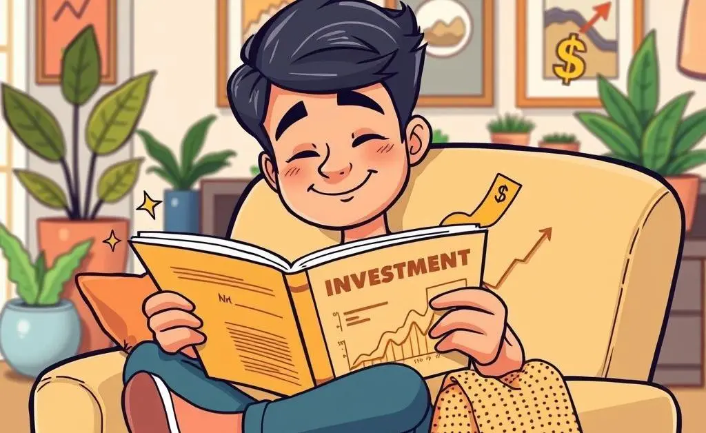 A cartoon-style image of a relaxed person reading an investment book on a cozy chair