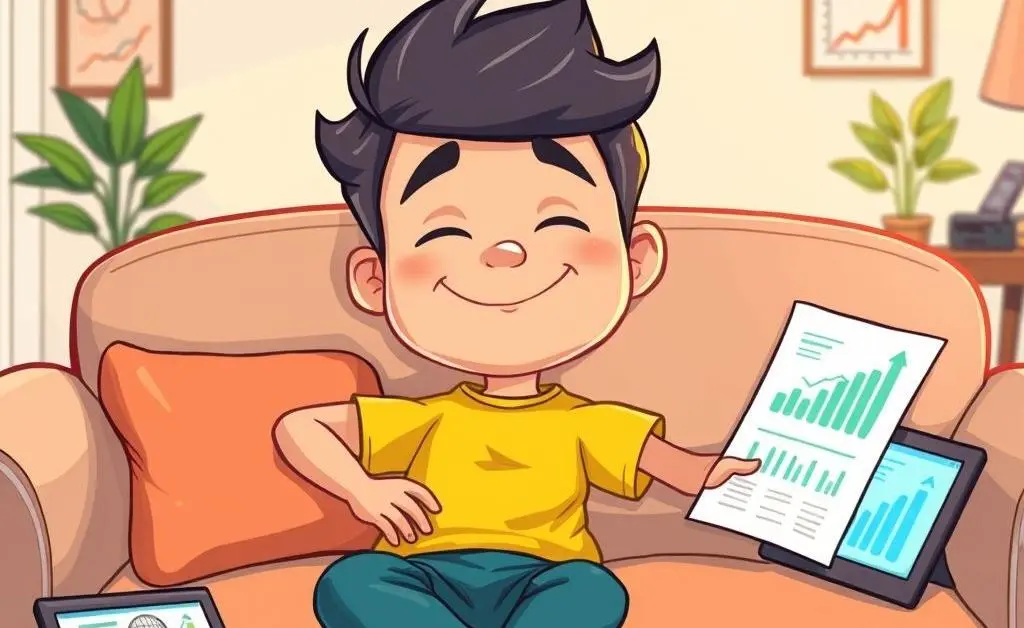 Person sitting calmly on a couch with financial documents around, symbolizing stress-free finances