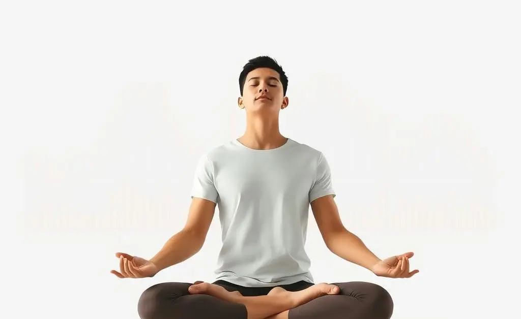 A minimalist image showing a peaceful person meditating with stock charts in the background