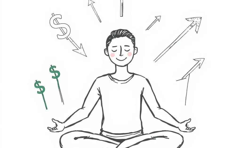Person meditating surrounded by dollar signs representing calm investing