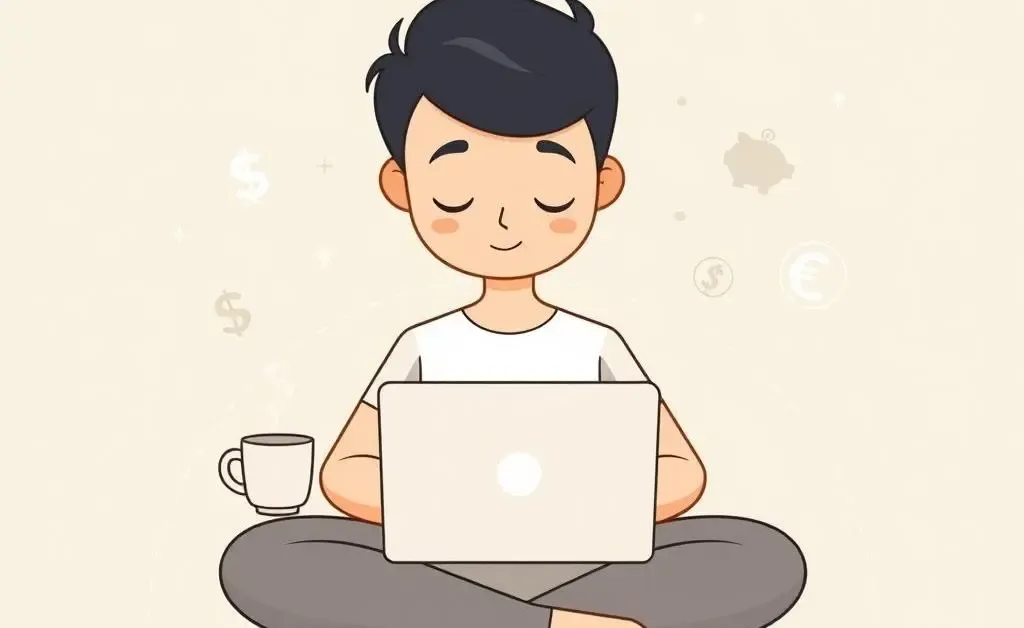 Calm figure at desk with investment symbols