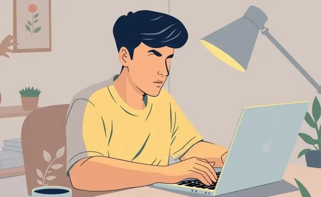 An illustration of someone calmly reviewing investment options on a laptop, with a cup of coffee nearby.