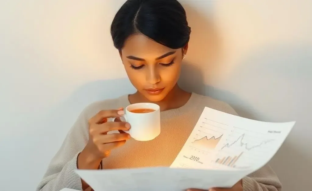 Minimalist image of someone sipping tea while looking over investment statements.