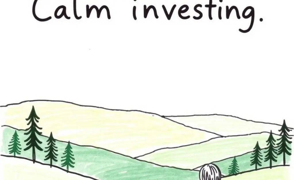 A hand-drawn image of a serene landscape with a person reading an investment book, symbolizing calm investing.