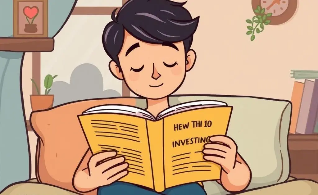 A cartoon image of a person peacefully reading a book about investing in a cozy setting.